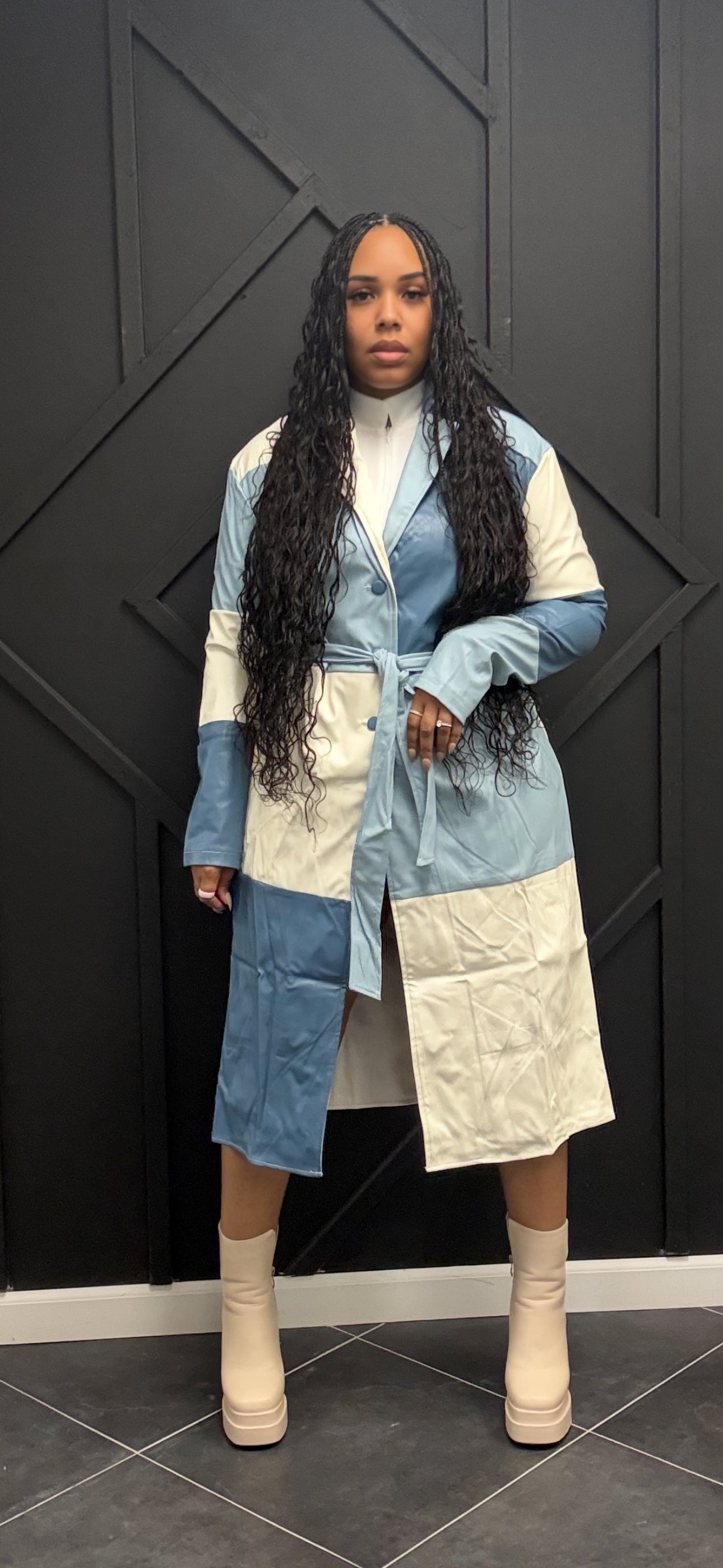 Oversized Color Block Vegan Leather Coat