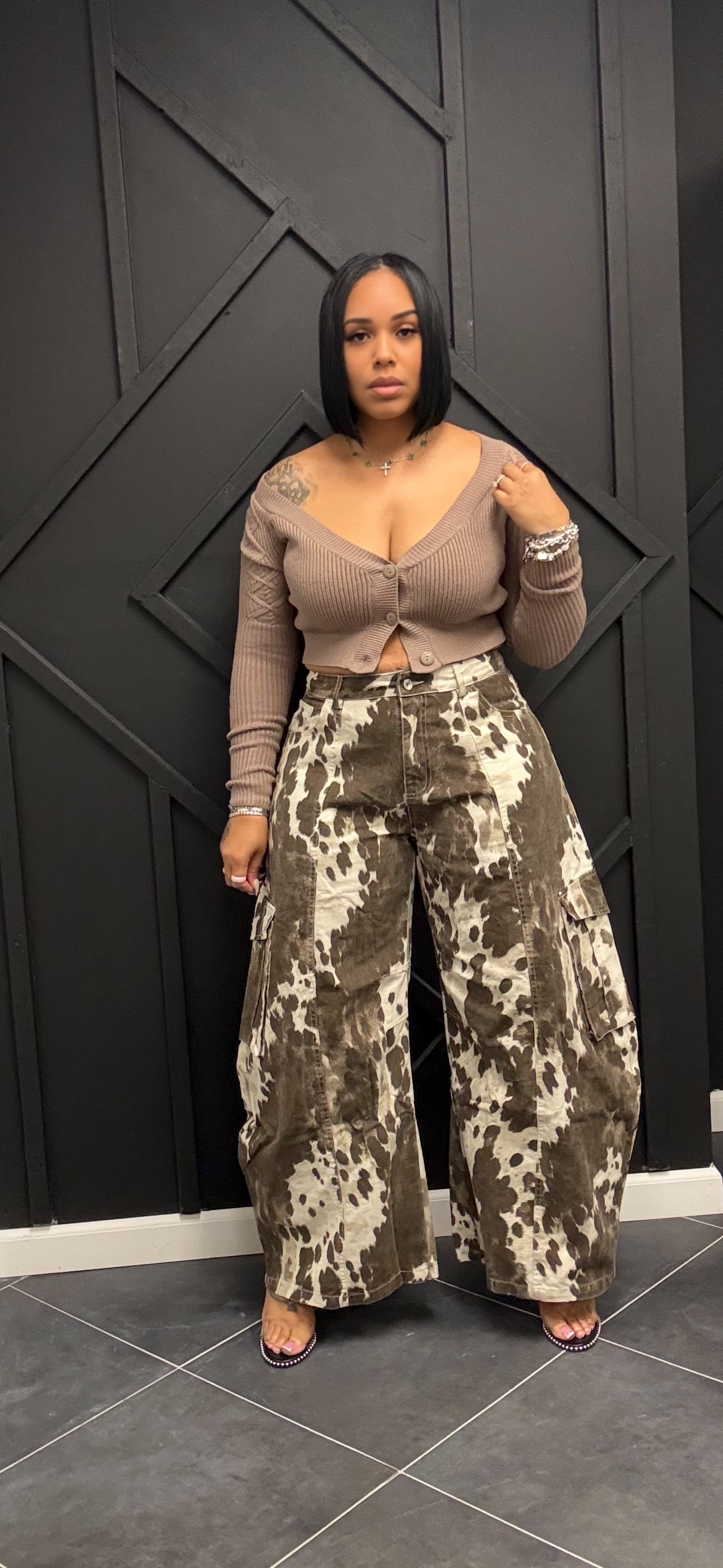 Animal Print Wide Leg Barrel Pants