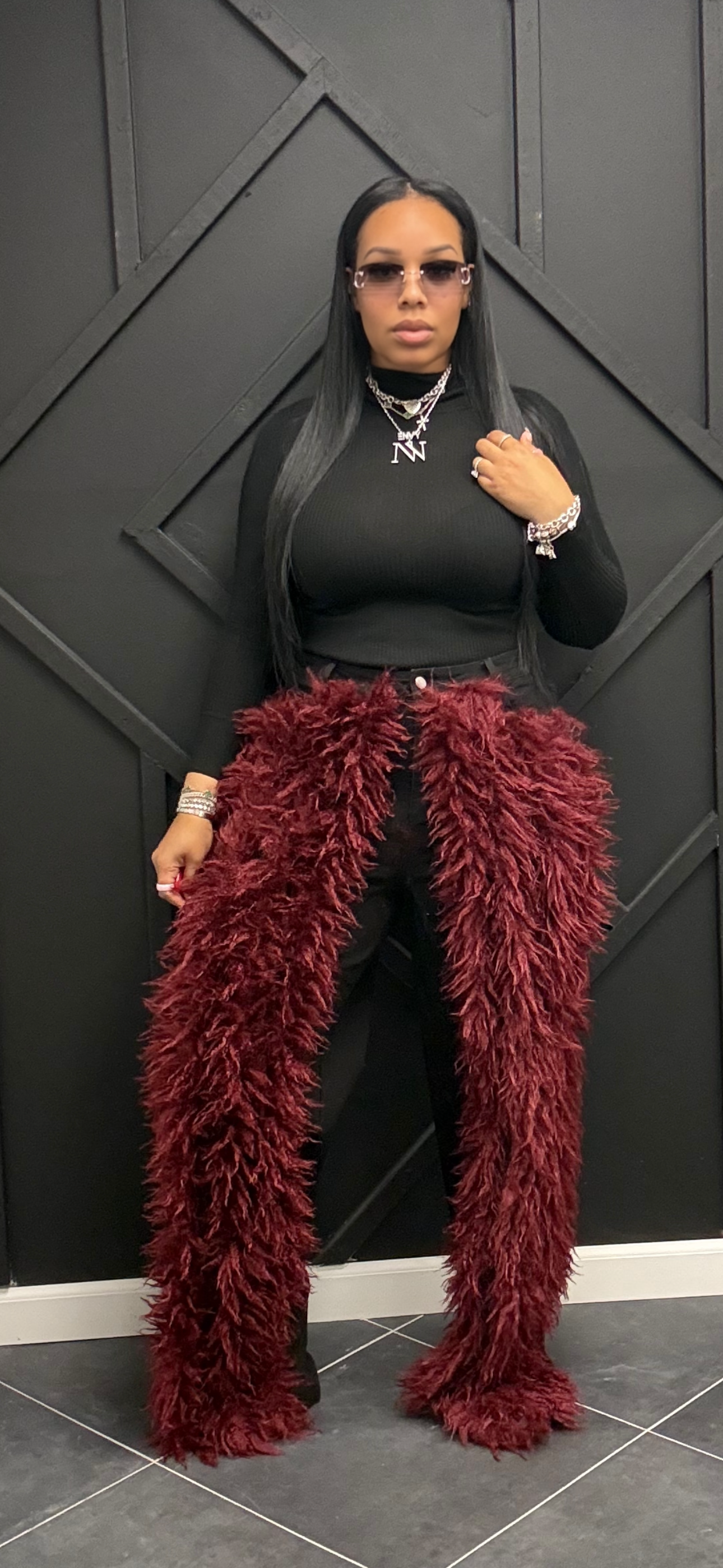 Burgundy Denim Fur Pants