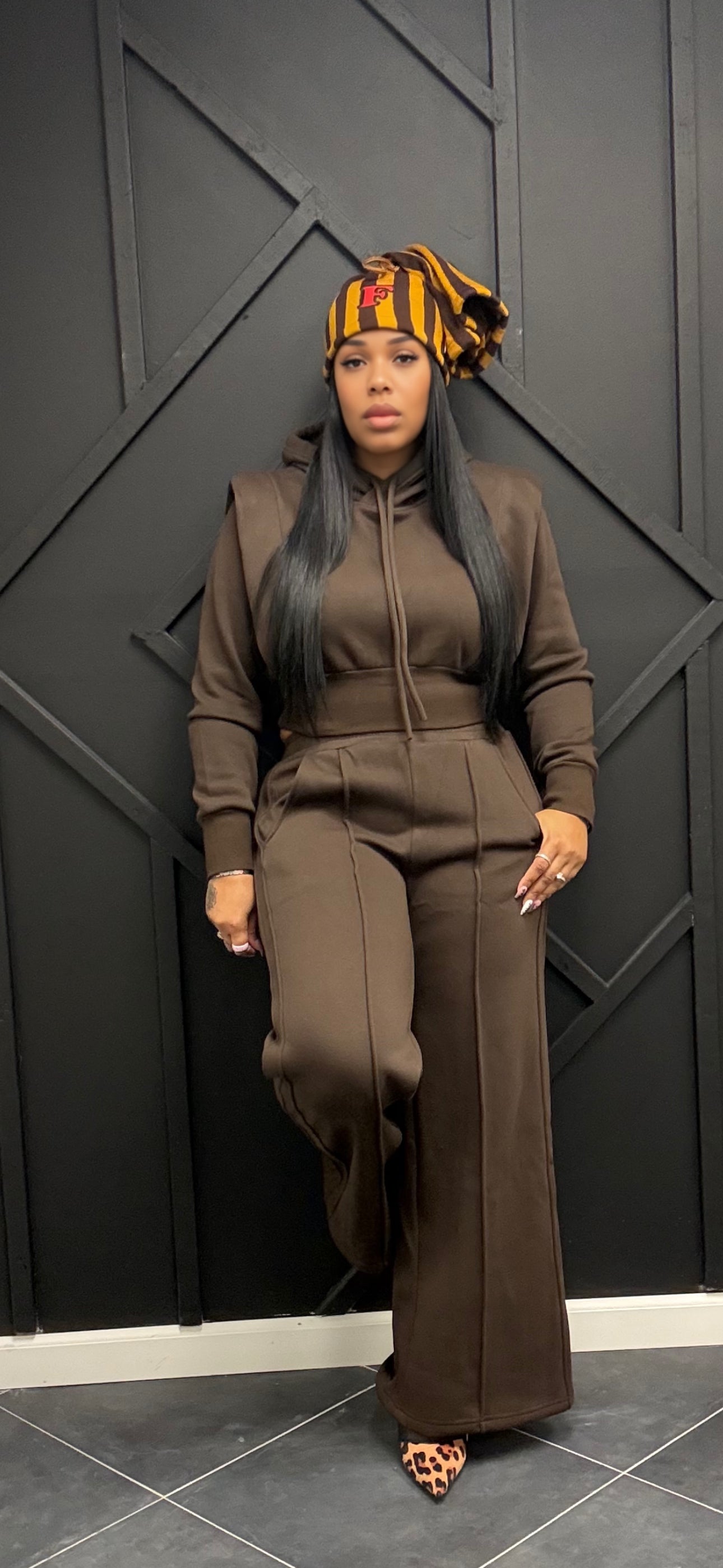 Brown Crop Shoulder Jogger Set
