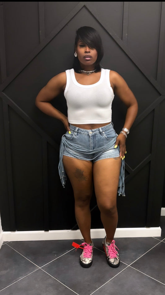 Wrapped Fringe Denim Shorts