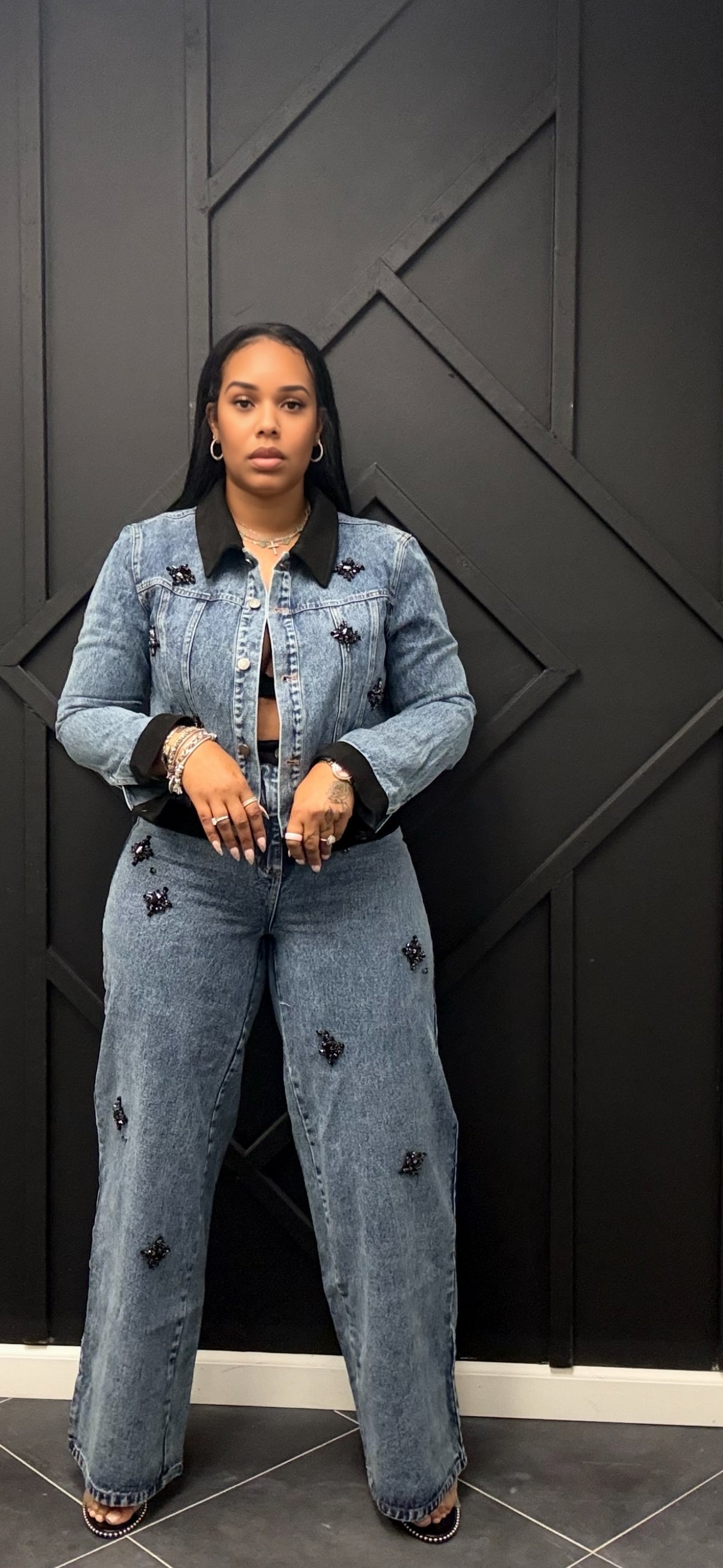 Embellished Denim and Suede Set