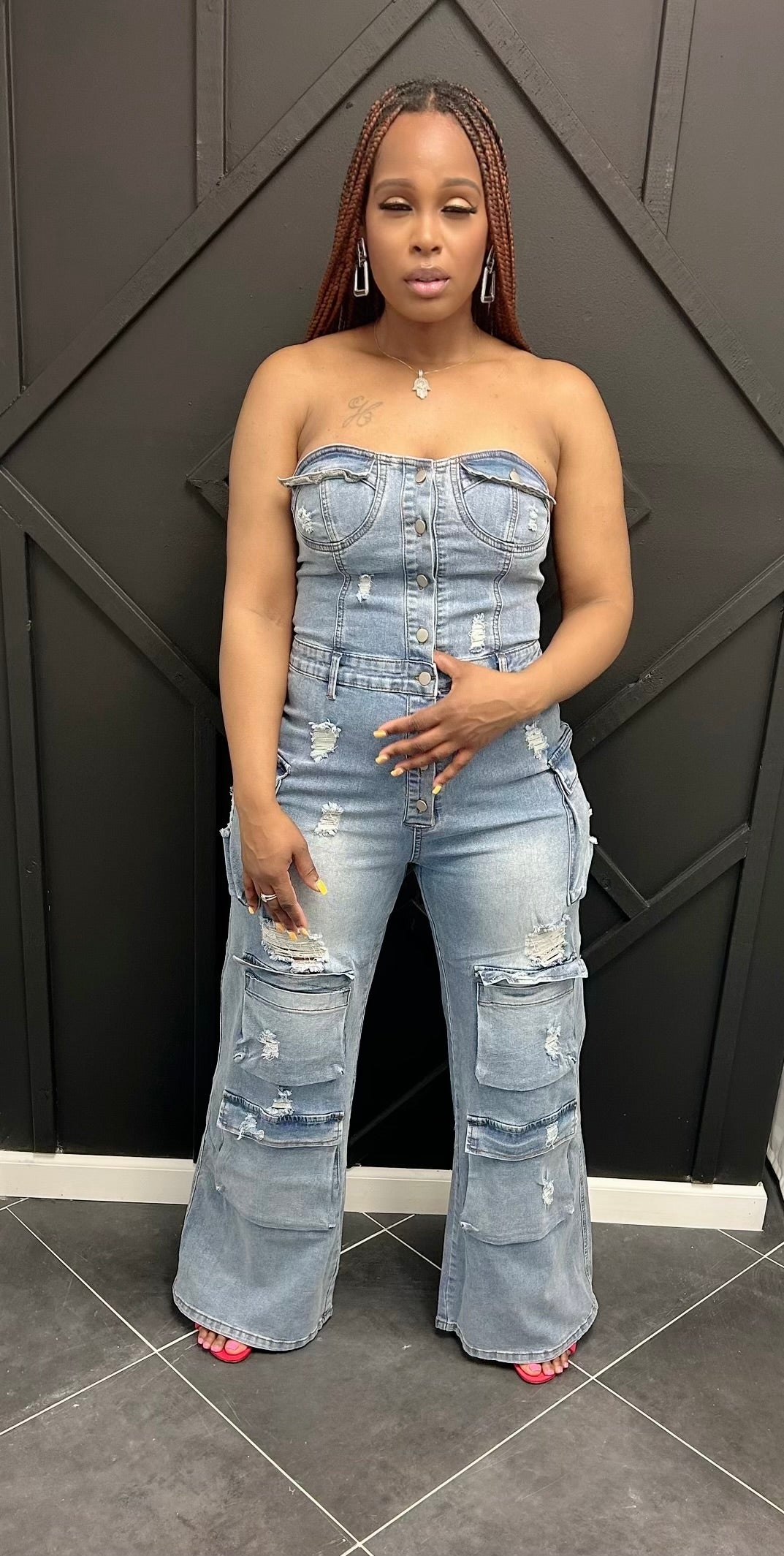 Distress Denim Tube Jumpsuit