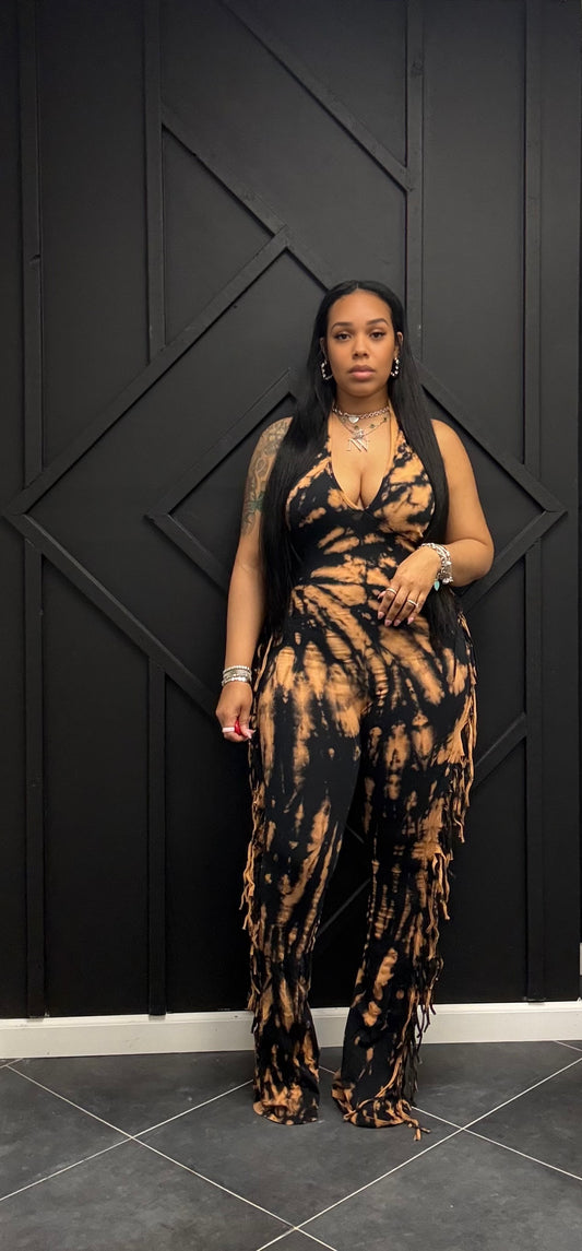 Tie Dye Fringe Halter Jumpsuit