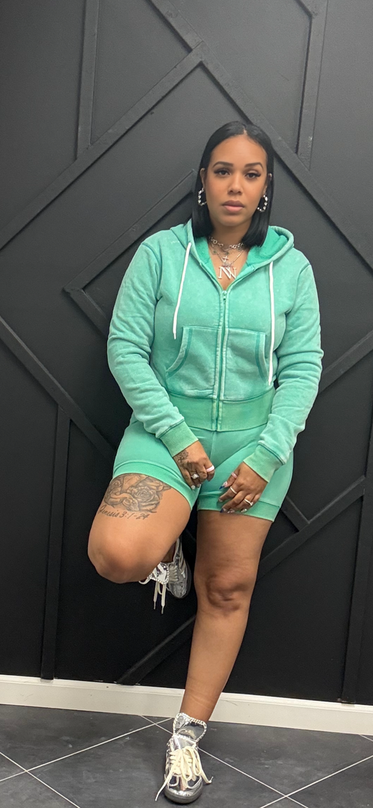 Green Vintage Hooded Short Set