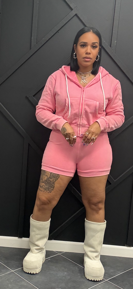 Pink Vintage Hooded Short Set