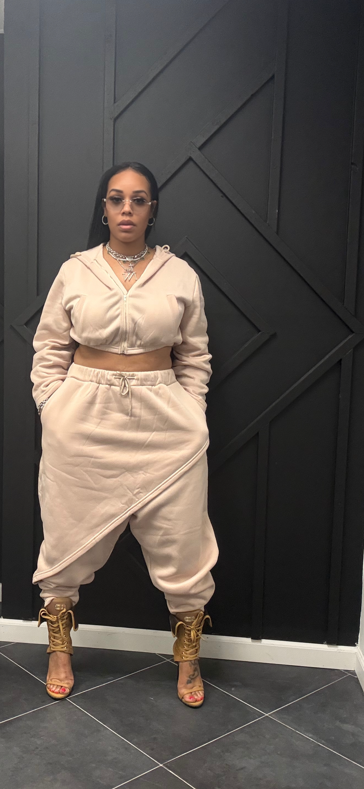 Cropped Hoodie Skirt Jogger Set/ khaki
