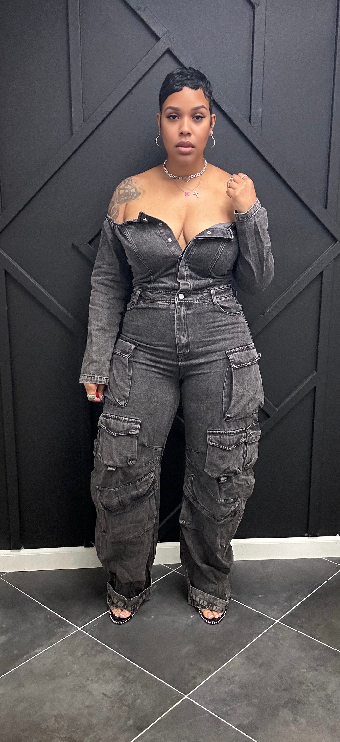 Black wash denim jumpsuit