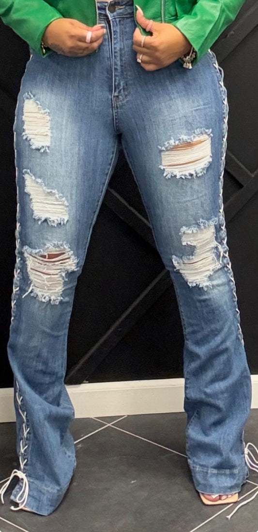 Lace up Distressed Jeans
