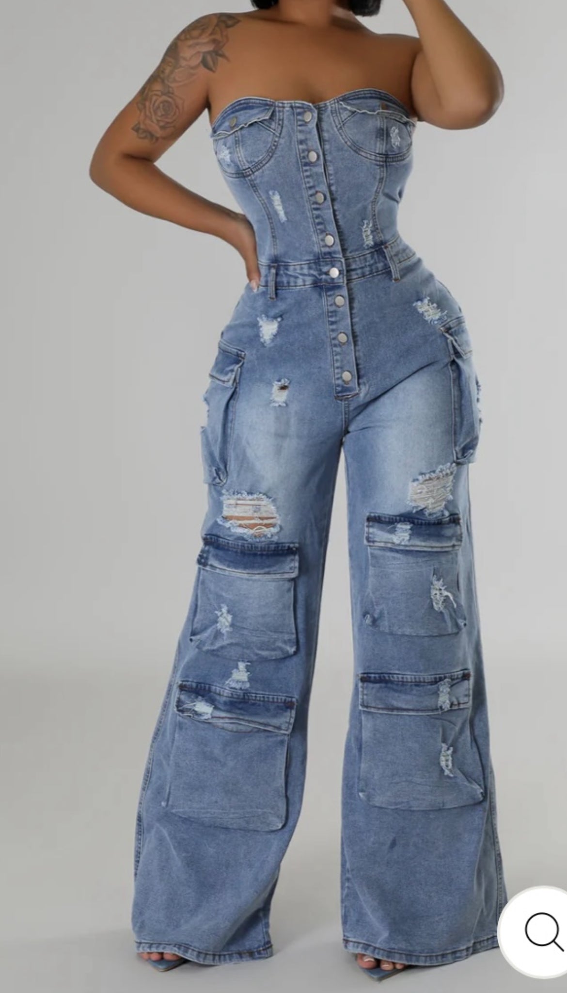 Distress Denim Tube Jumpsuit