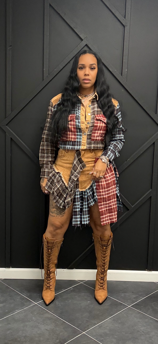 Denim Plaid Skirt Set