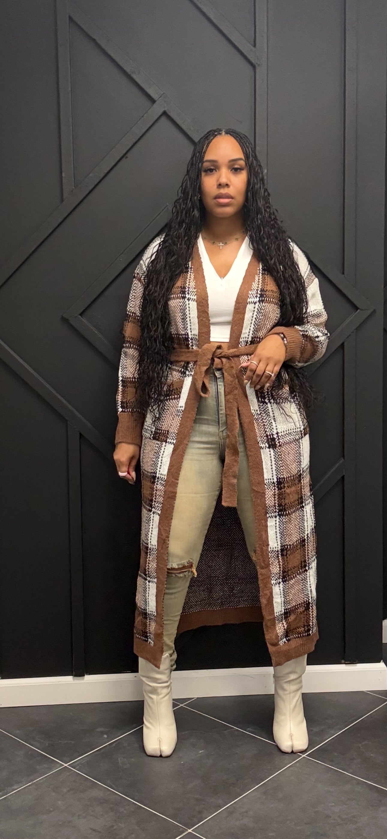 Mocha Plaid Knit Cardigan