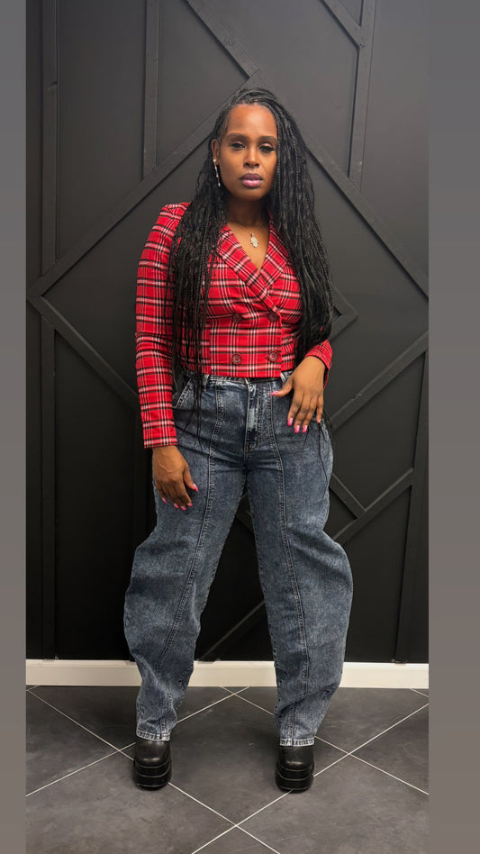 Plaid Cropped Double Breasted Blazer