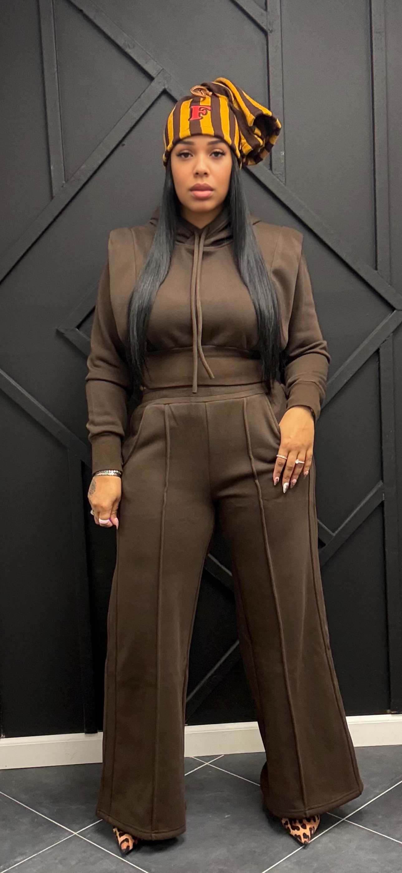 Brown Crop Shoulder Jogger Set