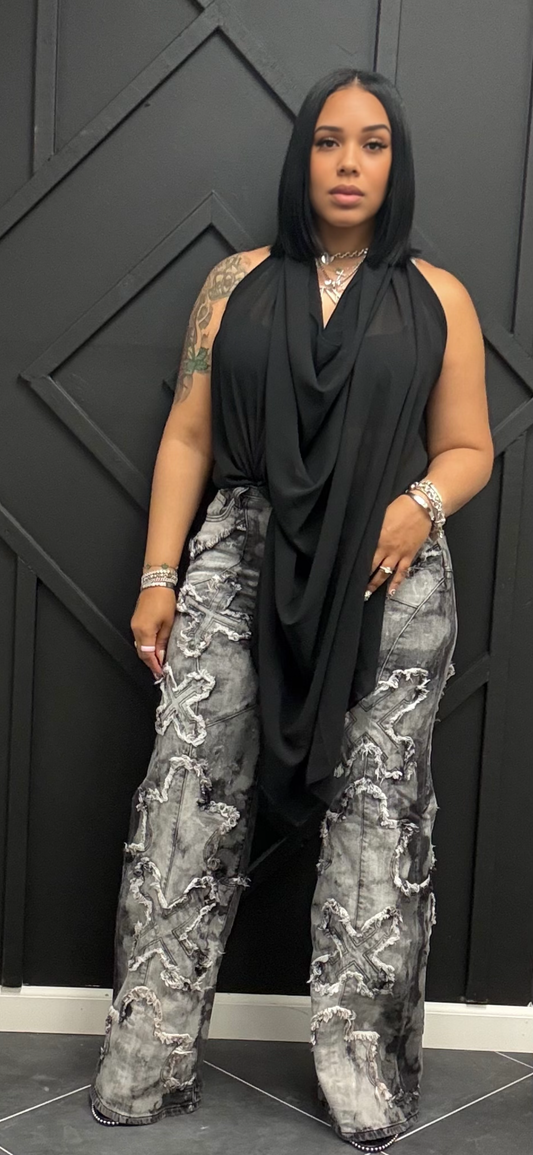 Black Draped Backless Tank